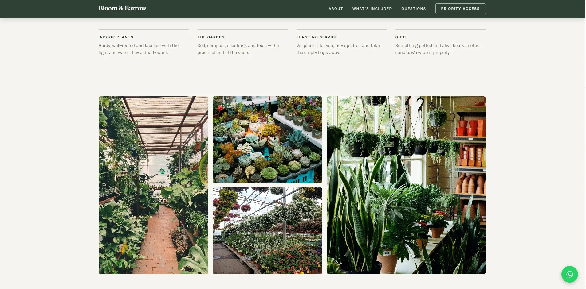 The demo shop's page: four service columns above a gallery of nursery photographs