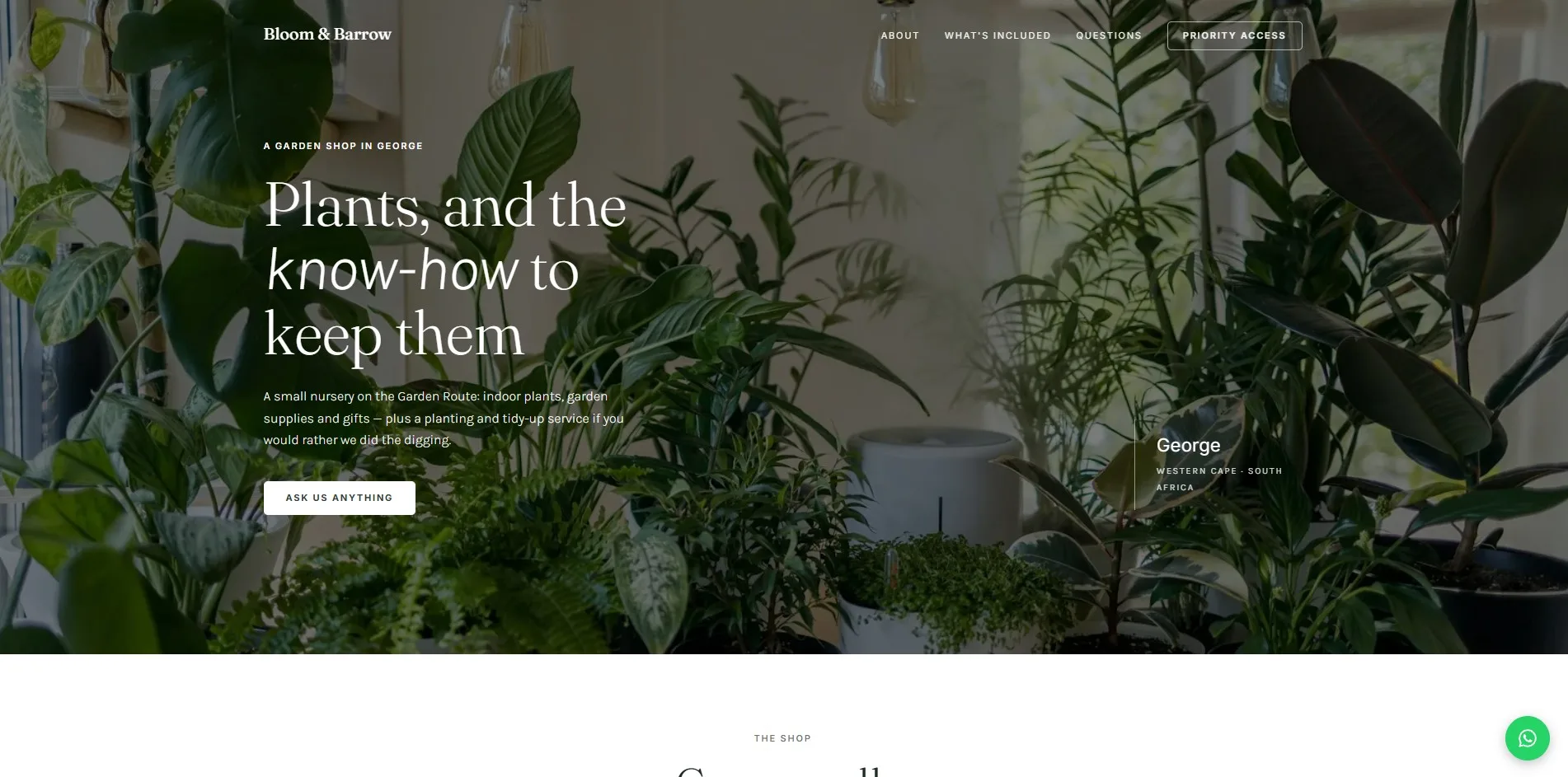 The demo shop's home page: a photograph of a plant nursery behind the heading 'Plants, and the know-how to keep them'