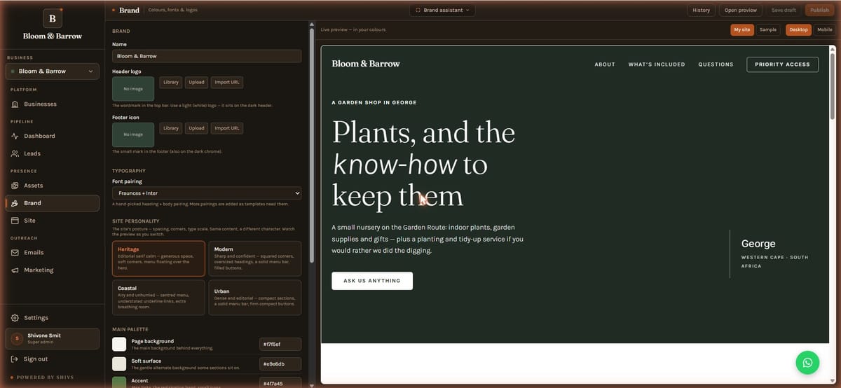 The Shivs brand editor with logo slots, font pairing, colour palette and a live preview of the site in those colours.