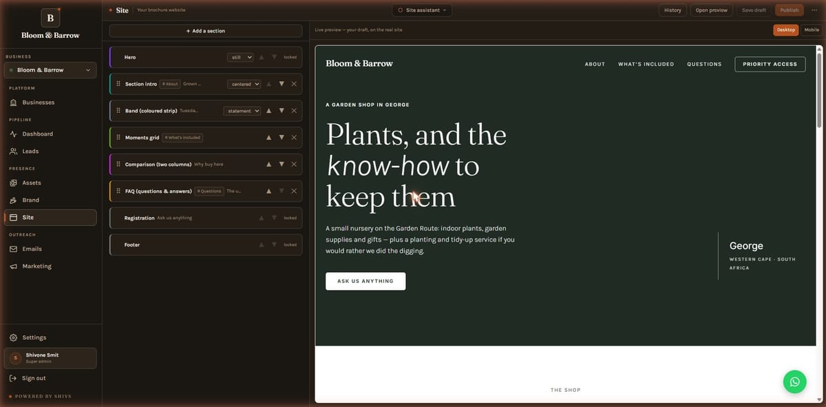 The Shivs site editor showing the page as a list of named blocks beside a live preview of the finished website.
