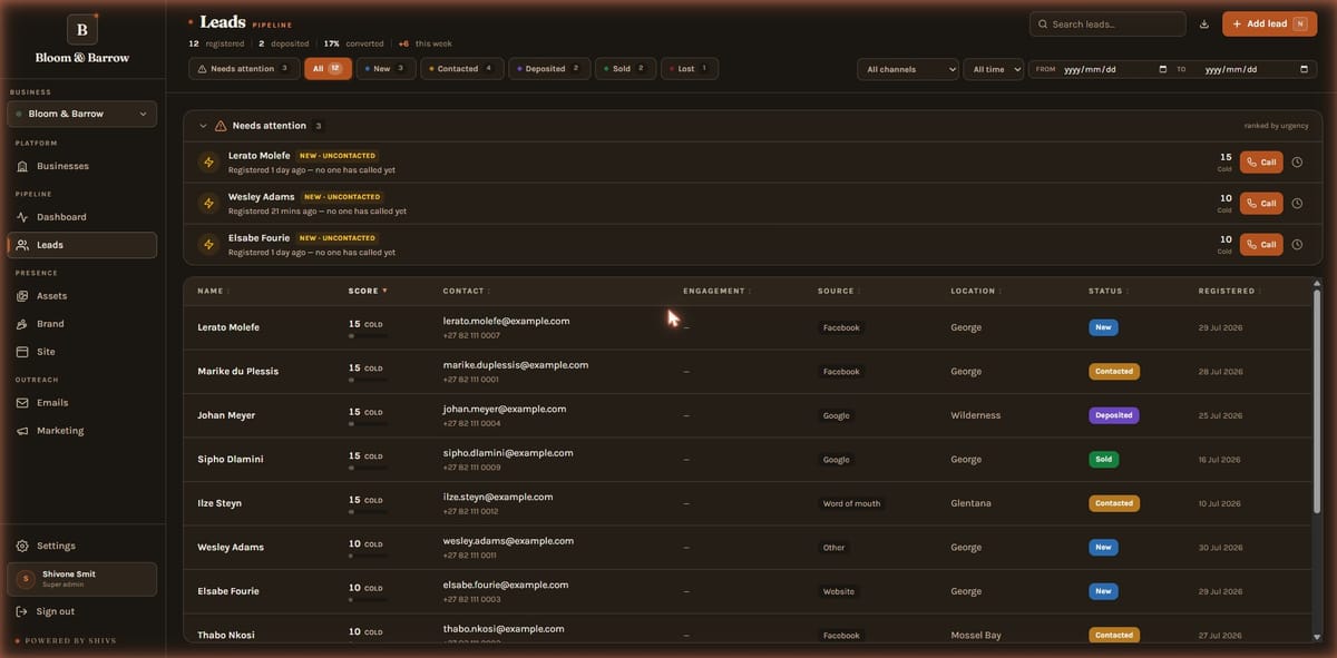 The Shivs leads page ranking uncontacted enquiries by urgency with call buttons, above a table of leads with scores and sources.