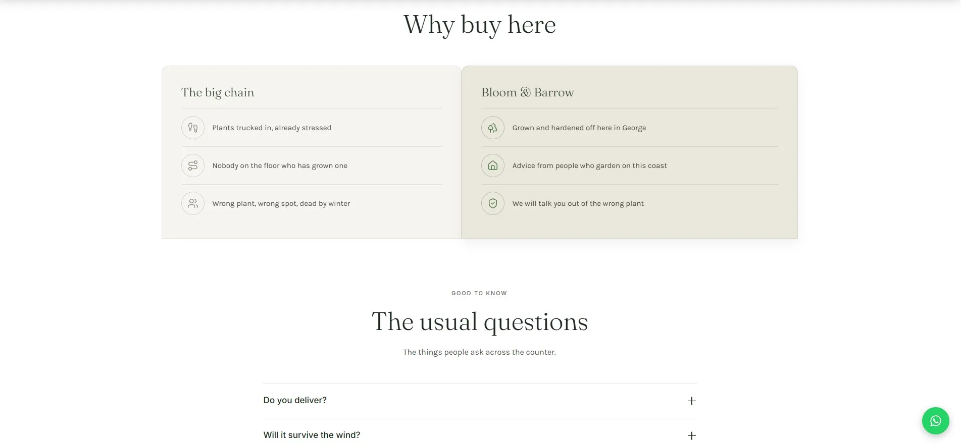 The demo shop's page: a two-column comparison headed 'Why buy here', above a list of questions